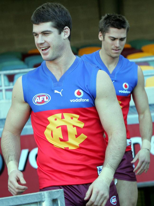 Jonathan Brown and Simon Black in Brisbane Lions heritage jumper.