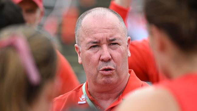 HOBART, AUSTRALIA - OCTOBER 13: Scott Gowans, Senior Coach of the Swans addresses the players during the round seven AFLW match between North Melbourne Kangaroos and Sydney Swans at North Hobart Oval, on October 13, 2024, in Hobart, Australia. (Photo by Steve Bell/AFL Photos/via Getty Images)