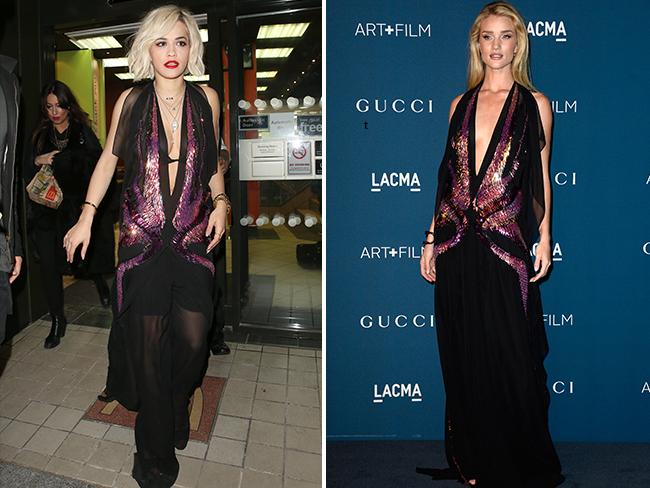 WHO WORE IT BETTER? Rita Ora and Rosie Huntington-Whiteley in a Gucci Spring 2014 black chiffon halter gown. Picture:Getty/Splash