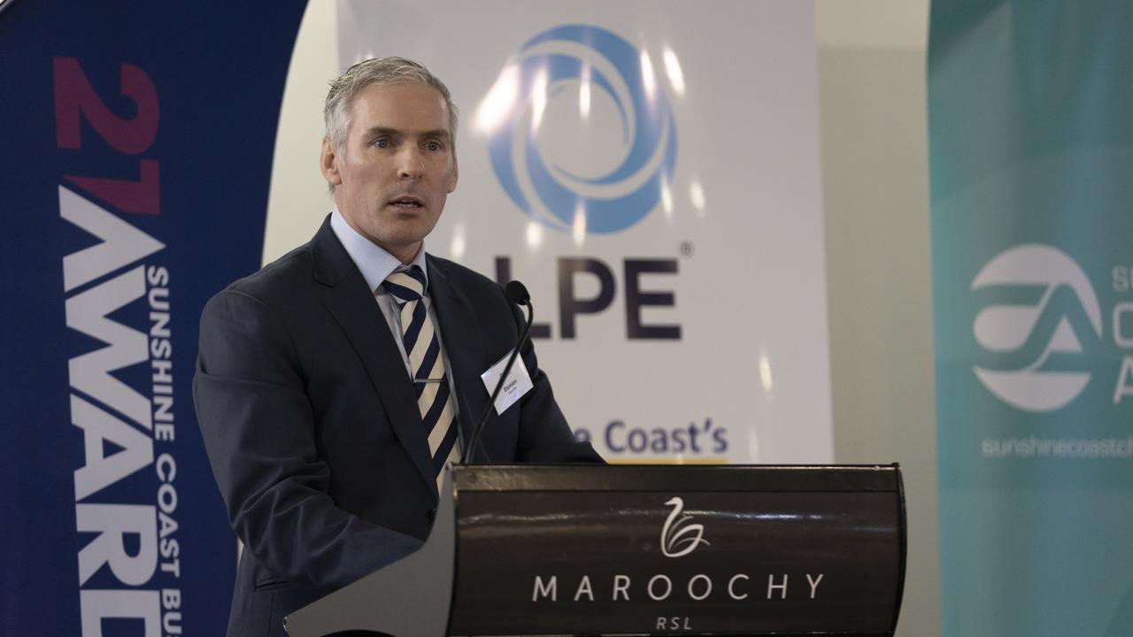 LPE chief executive Damien Glanville explains why the company backs the Sunshine Coast Business Award at the Sunshine Coast Small Business Month breakfast at Maroochy RSL. Picture: Barry Alsop