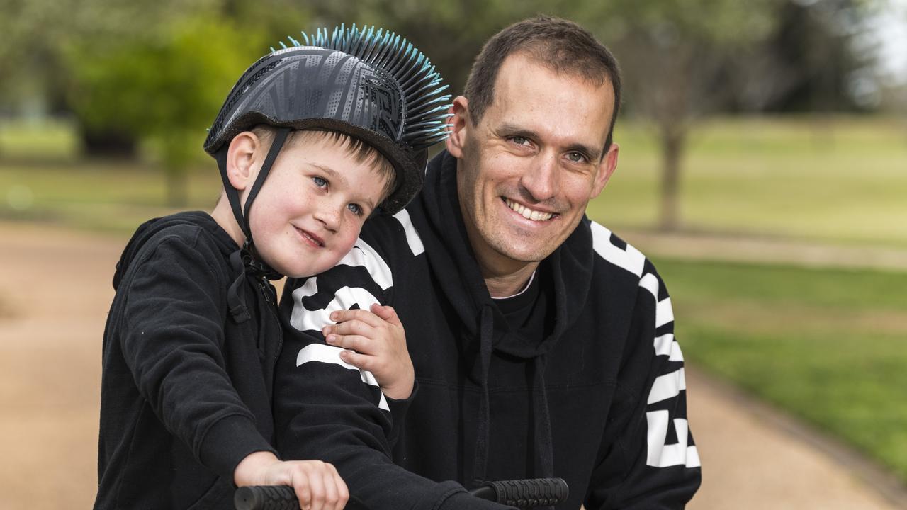 Greg Chambers with son Michael Chambers the Dad’s of Toowoomba Man with a Pram meet up. Picture: Kevin Farmer