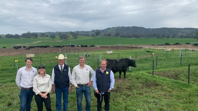 Celebratory sale: James Roberts-Thomson of TRT pastoral group, Ruth Lawson, DLS auctioneer Brian Leslie, Tim Roberts-Thomson of TRT pastoral company and stud principal Harry Lawson. Picture: Petra Oates