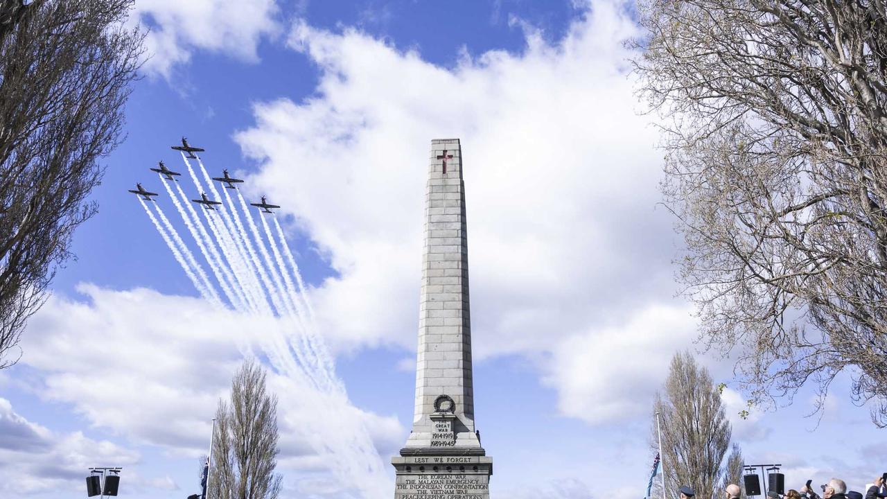 84th Anniversary of the Battle of Britain at Hobart Cenotaph Air Force Roulettes fly past. Picture: Caroline Tan