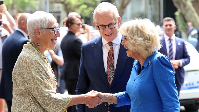 Camilla greeted by OzHarvest Founder Ronni Kahn at Surry Hills. Picture: Chris Jackson/Getty Images