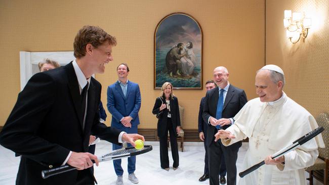 Pope Leo XIV during a private audience with Italian tennis player Jannik Sinner at The Vatican on Wednesday. Picture: Vatican Media / AFP