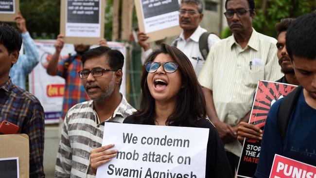 Indian activists protest against mob lynchings in India. More than 20 people have been killed in two months, leaving Indian authorities and WhatsApp scrambling for a solution. Picture: AFP