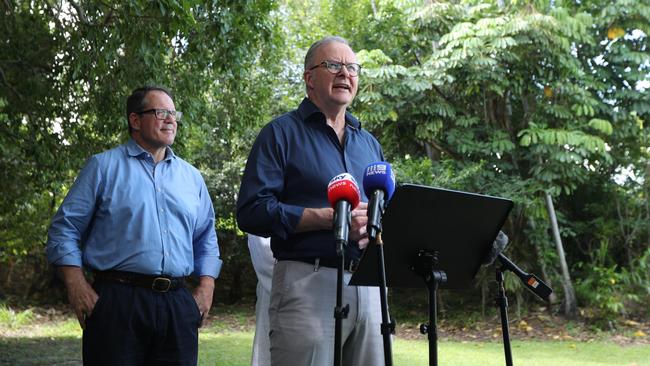 Prime Minister Anthony Albanese, Member for Solomon Luke Gosling and Minister for Indigenous Australians Malarndirri McCarthy (behind) spoke to media at MAGNT on December 24, 2024, commemorating Cyclone Tracy. Picture: Thomas McLean