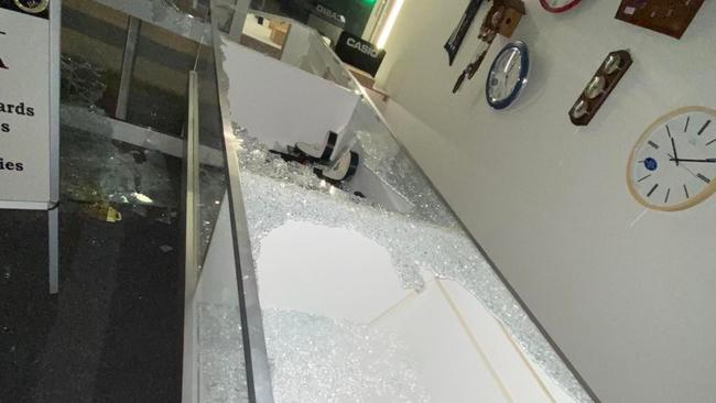 Mr Van Wijk said every single counter top in his store Bay Time &amp; Engraving was smashed. Photo: Justin Van Wijk.