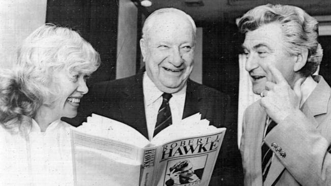 The 1982 launch of Bob Hawke's biography at Lakeside Hotel, Canberra. From left: Author Blanche d'Alpuget, Sir Richard Kirby and Bob Hawke.