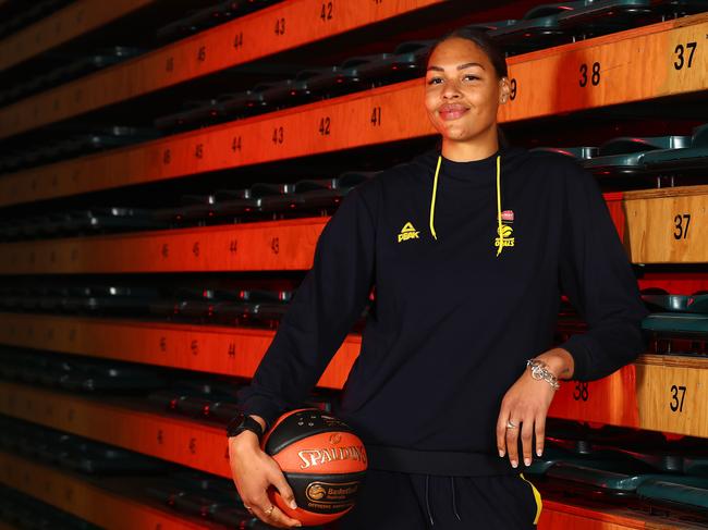 MELBOURNE, AUSTRALIA - JULY 01: Liz Cambage of the Opals poses during a Basketball Australia media opportunity with the Australian Opals at Melbourne Sports and Aquatic Centre on July 01, 2020 in Melbourne, Australia. (Photo by Robert Cianflone/Getty Images)