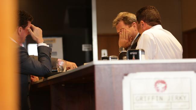 Four club chairmen have a beer at the Olympic Hotel after storming out of an NRL meeting at League Central. Picture: Brett Costello