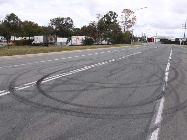 Scenes of skid / tyre marks near the crash site  linked to hooning at Burnside Rd, Ormeau.Photograph : Jason O'Brien