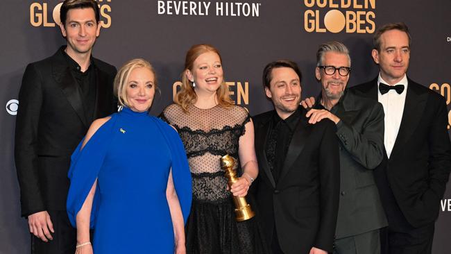 From left, Nicholas Braun, J. Smith-Cameron, Sarah Snook, Kieran Culkin, Alan Ruck and Matthew Macfayden after Succession won the award for Best Television Series - Drama at the 81st annual Golden Globe Awards in Beverly Hills, California, on January 7. Picture: Robyn Beck/AFP