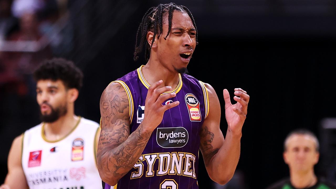 Sydney Kings star Jaylen Adams limped off with a hamstring injury in the fourth quarter. (Photo by Mark Kolbe/Getty Images)
