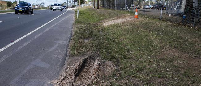 Tyre marks at the crash scene on Northern Road today. Picture: Jenny Evans