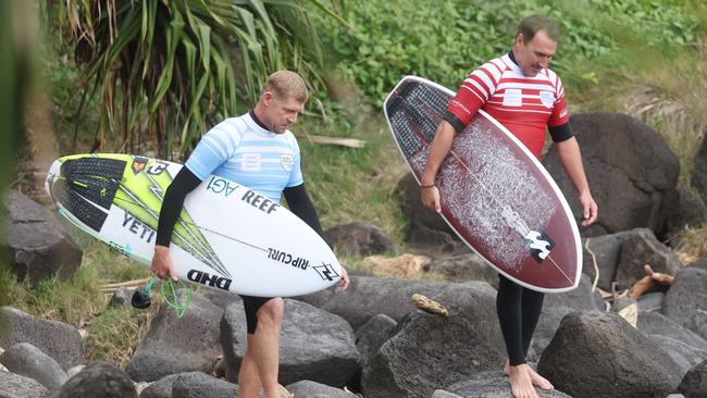 Mick Fanning and Joel Parkinson at the Surf of Origin at Burleigh Beach. Picture: Annette Dew