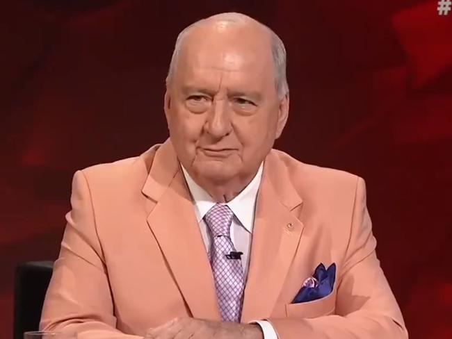 Alan Jones wearing a salmon coloured suit on Q and A last night. Source - ABC