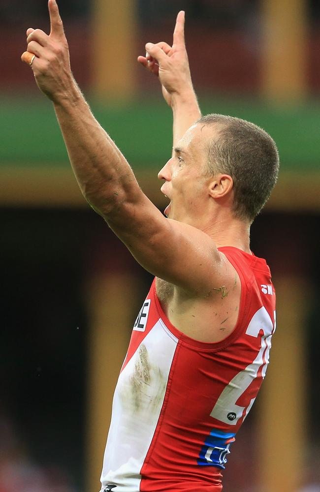 Ted Richards celebrates a goal against the Eagles. Picture: Getty Images