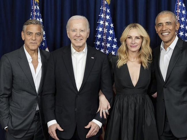 George Clooney, then US president Joe Biden, Julia Roberts and former president Barack Obama at a Democrat party fundraiser in Los Angeles. Picture: Instagram @juliaroberts