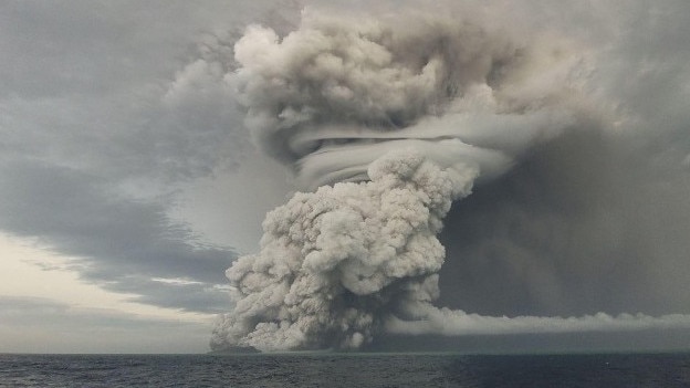 The powerful undersea volcano eruption in Tonga on Friday, January 14, 2022. The Hunga Tonga-Hunga Ha'apai volcano eruption emitted 100 to 150 million tonnes of water vapour into the air. Photo: Tonga Geological Services/EYEPRESS