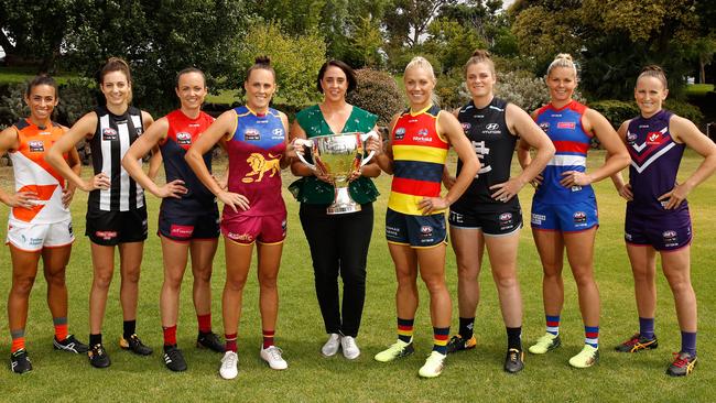 Head of AFLW Nicole Livingstone, centre, poses for a photograph with AFLW captains Amanda Farrugia of the Giants, Stephanie Chiocci of the Magpies, Daisy Pearce of the Demons, Emma Zielke of the Lions, Erin Phillips of the Crows, Brianna Davey of the Blues, Katie Brennan of the Bulldogs and Kara Donnellan of the Dockers at this year’s season launch in January. Picture: Michael Willson/AFL Media