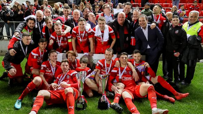 Campbelltown City players celebrate after winning the 2018 men's Premier League soccer grand final. PICTURE:  ADAM BUTLER