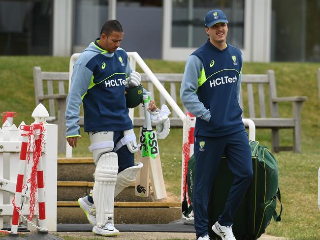 BECKENHAM, ENGLAND - JUNE 04: Sam Konstas (R) and Usman Khawaja of Australia walk on to the field for a training session before the ICC World Test Championship Final against South Africa on June 04, 2025 in Beckenham, England. (Photo by Philip Brown/Getty Images)