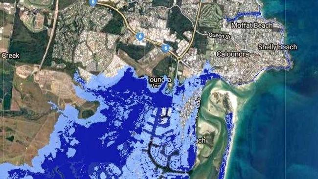 RISING: Predicted Currimundi-Bribie Island sea level rise effects. Dark blue: 2013 worst-case of 0.74m sea level rise. Light blue: 2017 worst-case of 2m sea level rise. Picture: Coastal Risk Australia