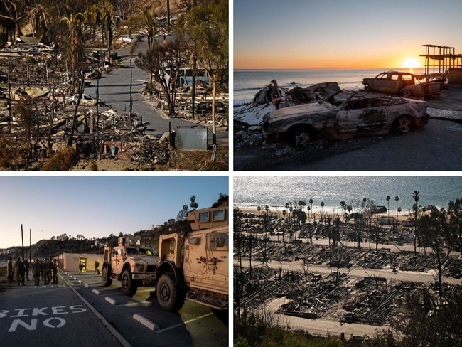 Charred homes and burnt cars are pictured amid the rubble of the fire-ravaged Pacific Palisades Bowl Mobile Estates in Los Angeles, California, on January 13, 2025. (Pictures: AFP) A vehicle destroyed by the Palisades wildfire sits along the oceanfront on January 13, 2025 in Malibu (Picture: Getty Images) National Guard soldiers gather together during operations along Pacific Coast Highway on January 13, 2025 in Malibu, California (Picture: Getty Images)