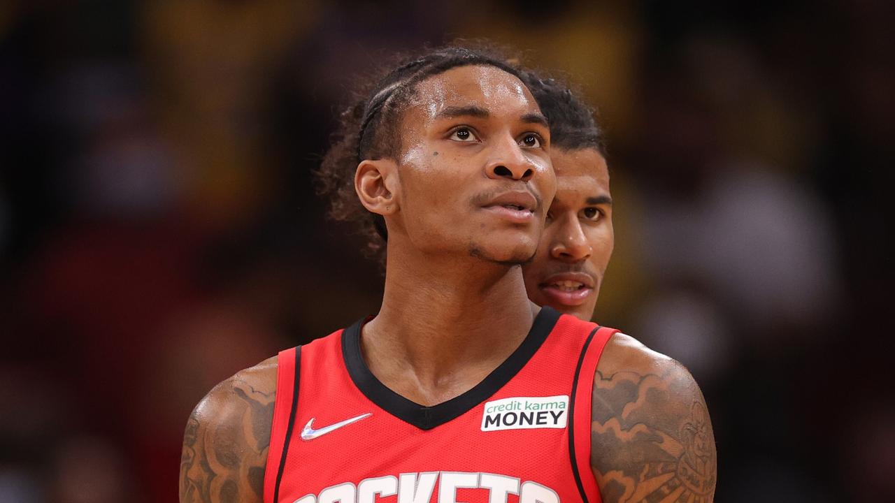 HOUSTON, TEXAS - DECEMBER 28: Kevin Porter Jr. #3 of the Houston Rockets talks with Jalen Green #0 during the second half against the Los Angeles Lakers at Toyota Center on December 28, 2021 in Houston, Texas. NOTE TO USER: User expressly acknowledges and agrees that, by downloading and or using this photograph, User is consenting to the terms and conditions of the Getty Images License Agreement. Carmen Mandato/Getty Images/AFP == FOR NEWSPAPERS, INTERNET, TELCOS &amp; TELEVISION USE ONLY ==