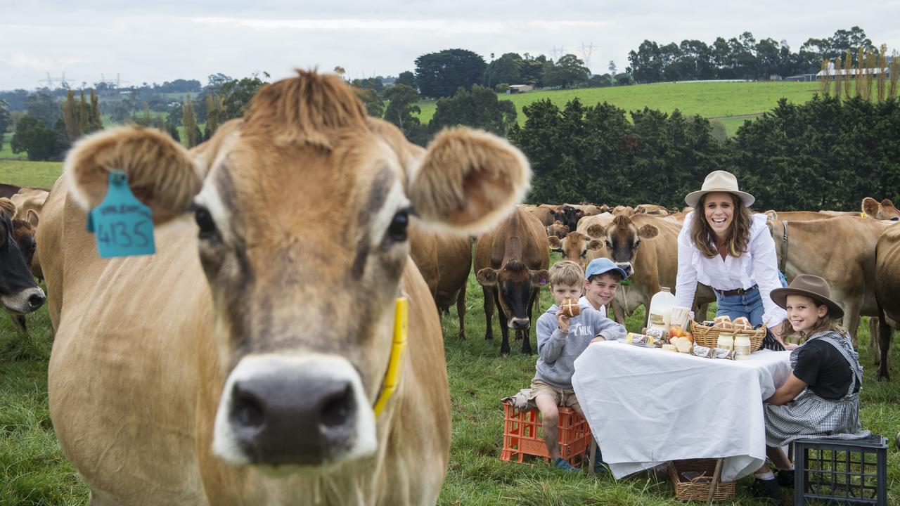 Sallie Jones with her children Max, 7, Billy, 10 and Evie, 8, with the jersey cows. Picture: Zoe Phillips