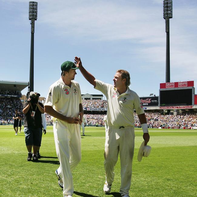 Glenn McGrath and Shane Warne leave the field for the final time after Australia wrapped up the English innings in 2007. Phil Hillyard