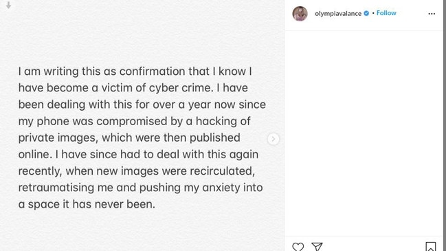 Valance’s Instagram post on the hacking.