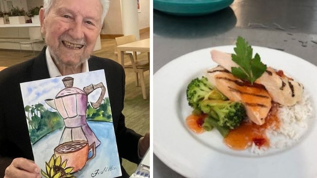 L: Resident Fr Milton shows his art therapy paintings, R: An example of the food now served to residents.