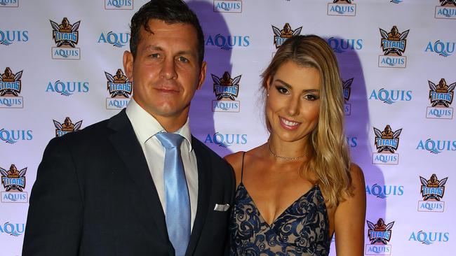 Bird with wife Becky at the Titans presentation night at the QT Hotel. Photo: David Clark.