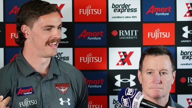 Joe Daniher and John Worsfold front the media. Picture: AAP