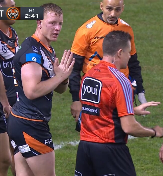 Alex Seyfarth begs referee Chris Butler for a reprieve.