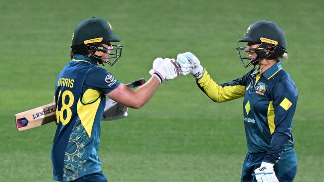 Grace Harris and Ashleigh Gardner helped Australia home in the third T20. Picture: Steve Bell/Getty Images