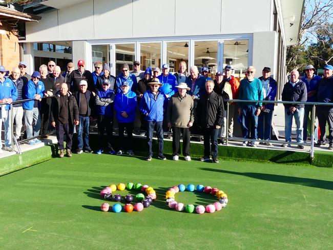 Bowlers at Newcastle's Lowlands Bowling Club celebrating the 90th birthday of member John Orrett (pictured front row, with white, wide-brimmed hat), on 21 June, 2023. Picture: Greg Danvers