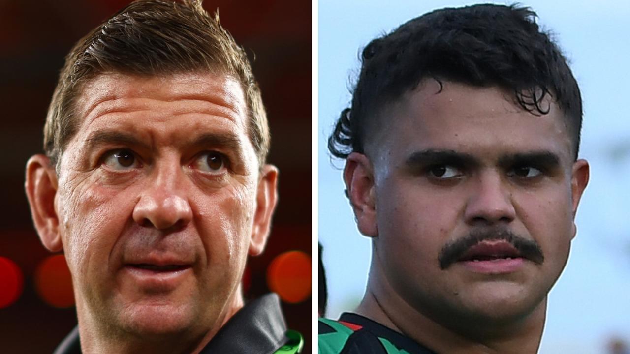 South Sydney coach Jason Demetriou and fullback Latrell Mitchell.