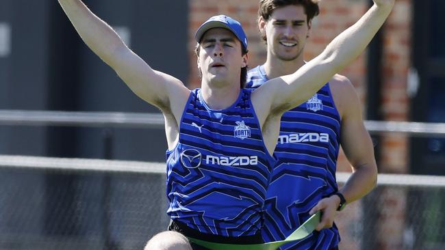 NCA. MELBOURNE, AUSTRALIA. 11th November 2024. AFL.  North Melbourne training at  Arden St oval.  George Wardlaw of the Kangaroos didnÃt take part in the time trial on the first official day back for the 1-4 year players .  Picture: Michael Klein