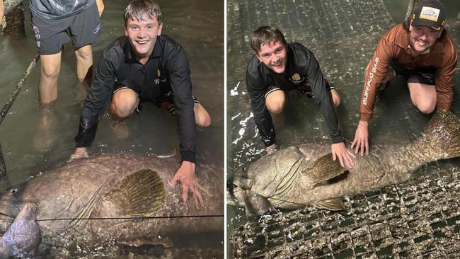 17-year-old Nate Jaensch (left) was fishing at the popular Mandorah Jetty with his brother and three friends when he reeled in a massive goliath grouper, thought to be at least 160cm long. Picture: Supplied