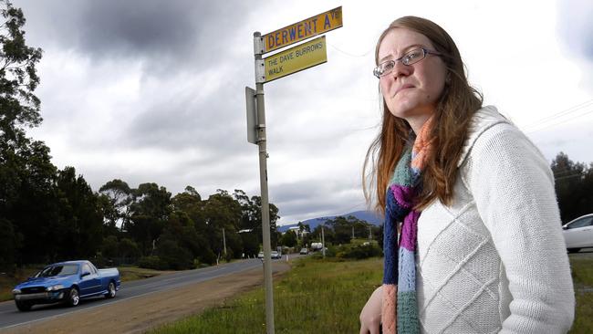 Legally blind uni student Nicole McKillop has to cross the busy Channel Hwy and catch the bus since her taxi allowance was cut. Picture: KIM EISZELE