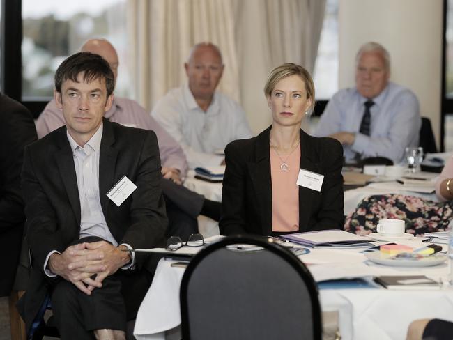 UTAS Institute for the Study of Social Change director Richard Eccleston and Opposition Leader Rebecca White at today’s summit. Picture: RICHARD JUPE