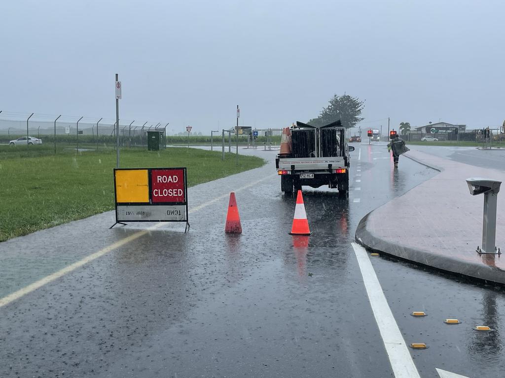 Road closures set up at Milton St near the Mackay Airport. Photo taken at 9.00am on February 4, 2025. Picture: Janessa Ekert