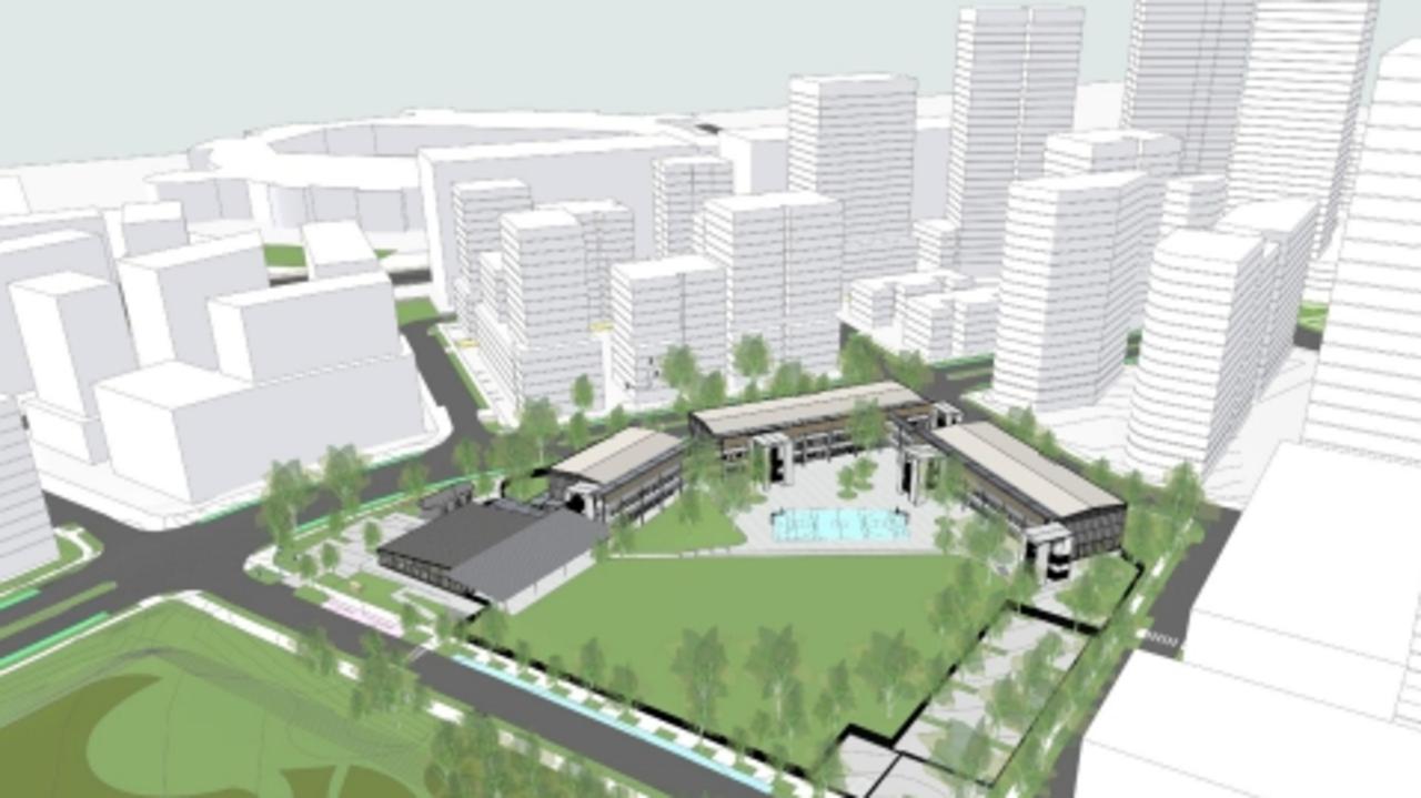 An artist’s impression of the primary school (front) will be surrounded by Accor Stadium and a forest of apartment towers.