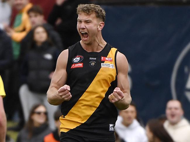 NFNL: Division 1 Melbourne Greyhounds Seniors, Grand Final. Heidelberg VS Montmorency, played at Preston City Oval, Preston, Victoria, Saturday 21st September 2024. Heidelberg player Tom Keys celebrates a goal. Picture: Andrew Batsch
