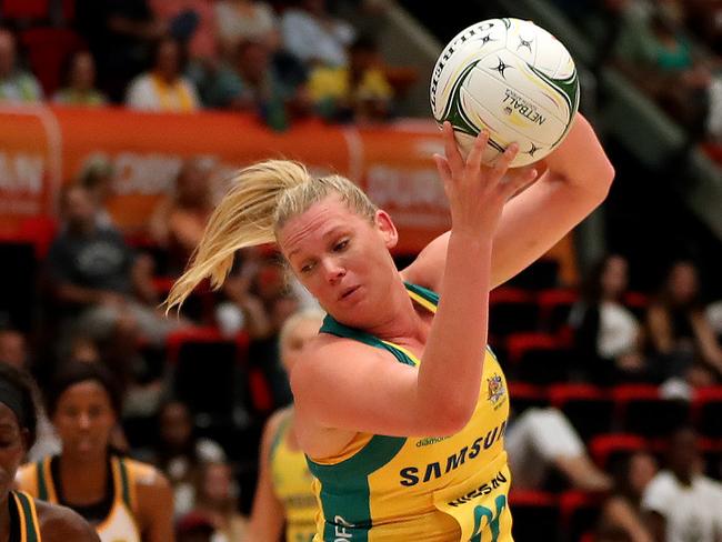 DURBAN, SOUTH AFRICA - JANUARY 31: Caitlin Thwaites wins the ball during the Netball Quad Series match between South African Proteas and Australian Diamonds at Durban ICC on January 31, 2017 in Durban, South Africa. (Photo by Anesh Debiky/Gallo Images/Getty Images)