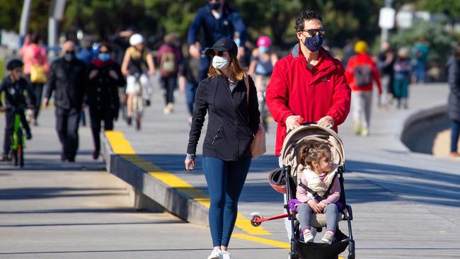 People exercising at St Kilda on Saturday. Picture: Mark Stewart