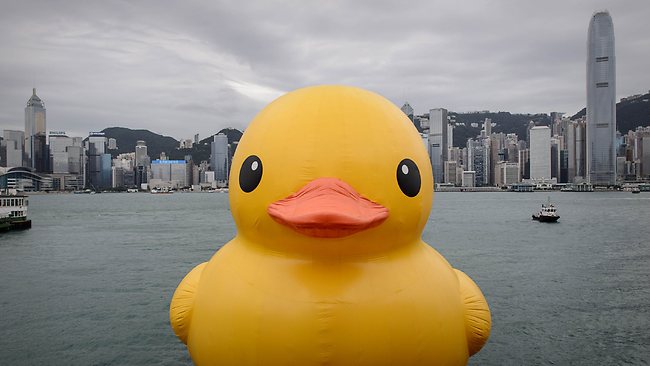 One of two giant rubber ducks in Hong Kong harbour deflates